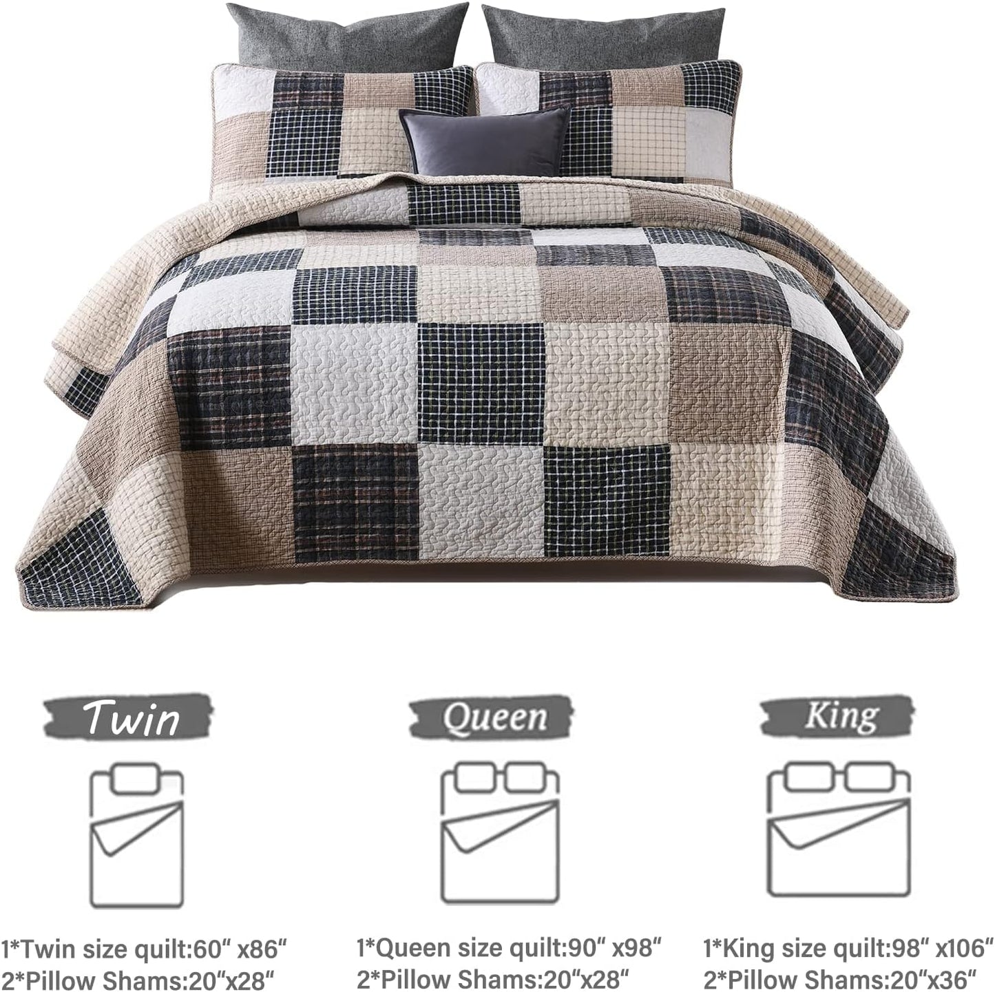 Luxurious 100% Cotton King Size Quilt Set - Stylish Brown Khaki Black White Patchwork Plaid, Lightweight Reversible Summer Bedding, 3-Piece Set