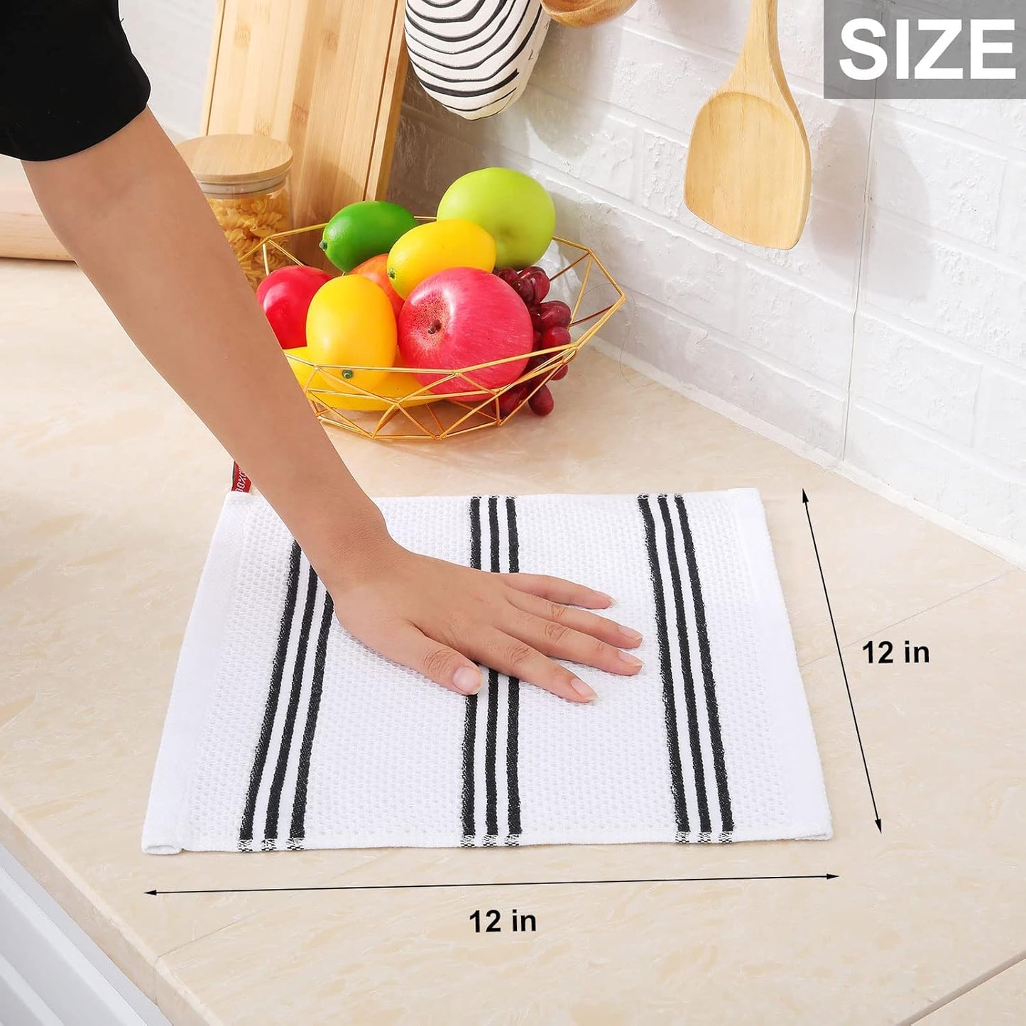 Trendy Stripes Kitchen Towels - Premium Cotton Waffle Weave, Super Soft & Absorbent, Quick Drying, 6 Pack (12x12 Inches, White & Black)