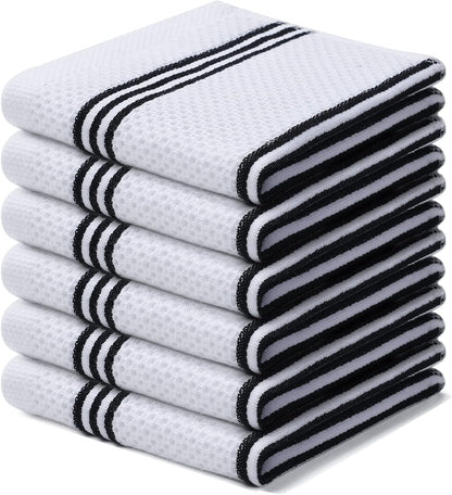 Trendy Stripes Kitchen Towels - Premium Cotton Waffle Weave, Super Soft & Absorbent, Quick Drying, 6 Pack (12x12 Inches, White & Black)