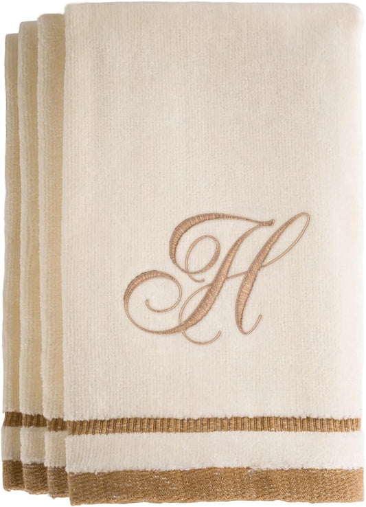 Personalized Monogrammed Fingertip Towels Set of 4 - Luxurious Golden Brown Embroidered 100% Cotton - Perfect Gift for Bathroom or Kitchen - Initial H (Ivory) - Extra Absorbent and Decorative