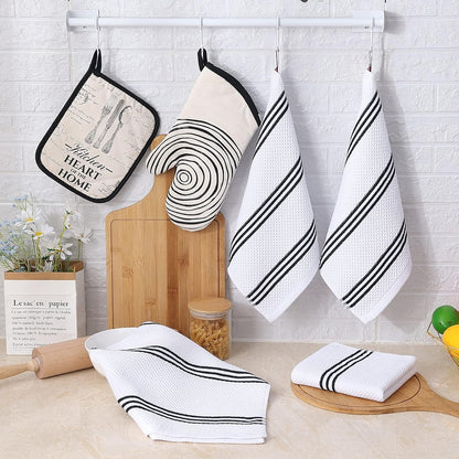 Trendy Stripes Kitchen Towels - Premium Cotton Waffle Weave, Super Soft & Absorbent, Quick Drying, 6 Pack (12x12 Inches, White & Black)