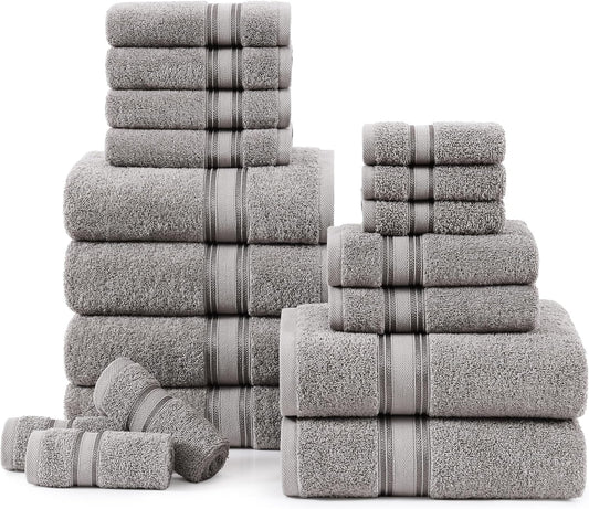 Luxurious 18-Piece 100% Cotton Bath Towel Set - Quick Dry, Super Soft, Highly Absorbent - Includes 6 Bath Towels, 6 Washcloths, 6 Hand Towels - Hotel Quality in Elegant Grey
