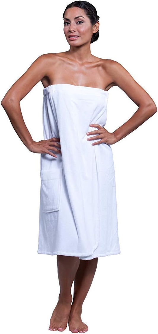 Luxurious 100% Cotton Women's Spa Wrap - Versatile Towel for Shower, Bath, and Gym with Snaps - White, Medium/Large