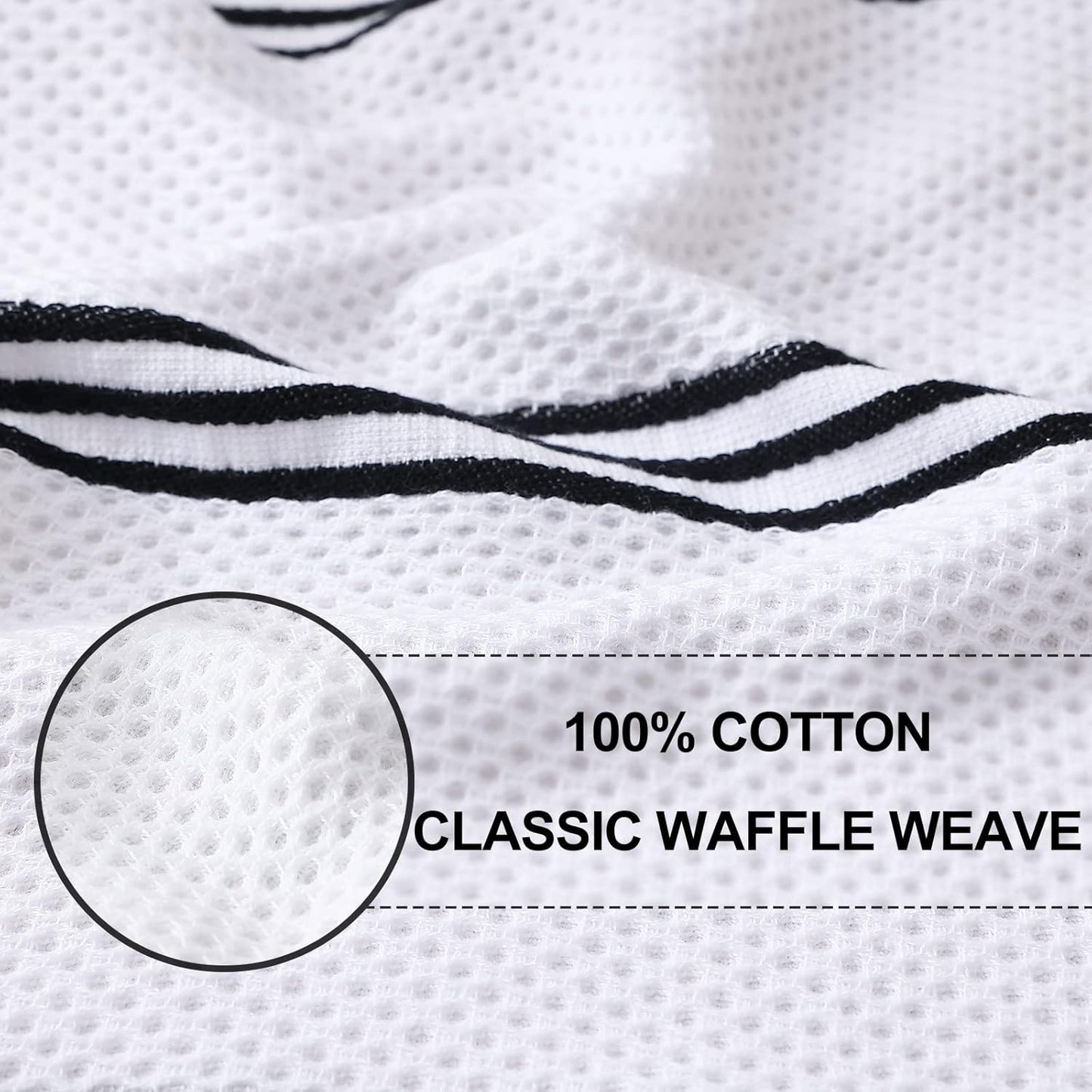 Trendy Stripes Kitchen Towels - Premium Cotton Waffle Weave, Super Soft & Absorbent, Quick Drying, 6 Pack (12x12 Inches, White & Black)