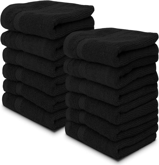 Premium 12-Pack Black Luxury Cotton Washcloths - 13x13 Inch, 650 GSM Turkish Cotton for Spa, Hotel, and Bathroom Use