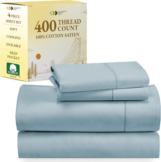 Luxurious Sky Blue Queen Sheet Set - 400 Thread Count Soft Sateen, 100% Natural Cotton with Deep Pockets for Perfect Fit