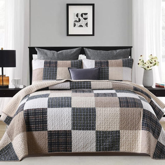 Luxurious 100% Cotton King Size Quilt Set - Stylish Brown Khaki Black White Patchwork Plaid, Lightweight Reversible Summer Bedding, 3-Piece Set