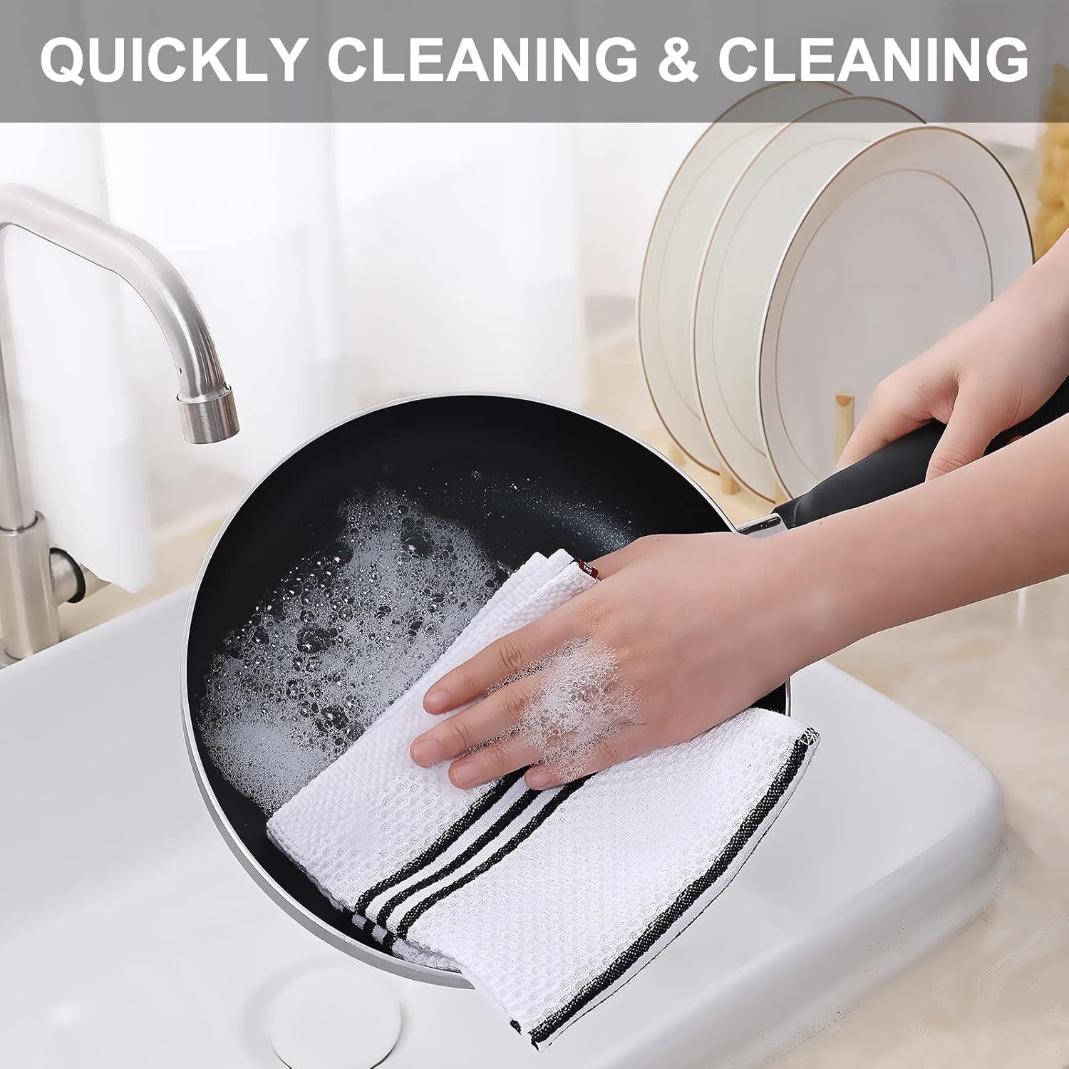 Trendy Stripes Kitchen Towels - Premium Cotton Waffle Weave, Super Soft & Absorbent, Quick Drying, 6 Pack (12x12 Inches, White & Black)